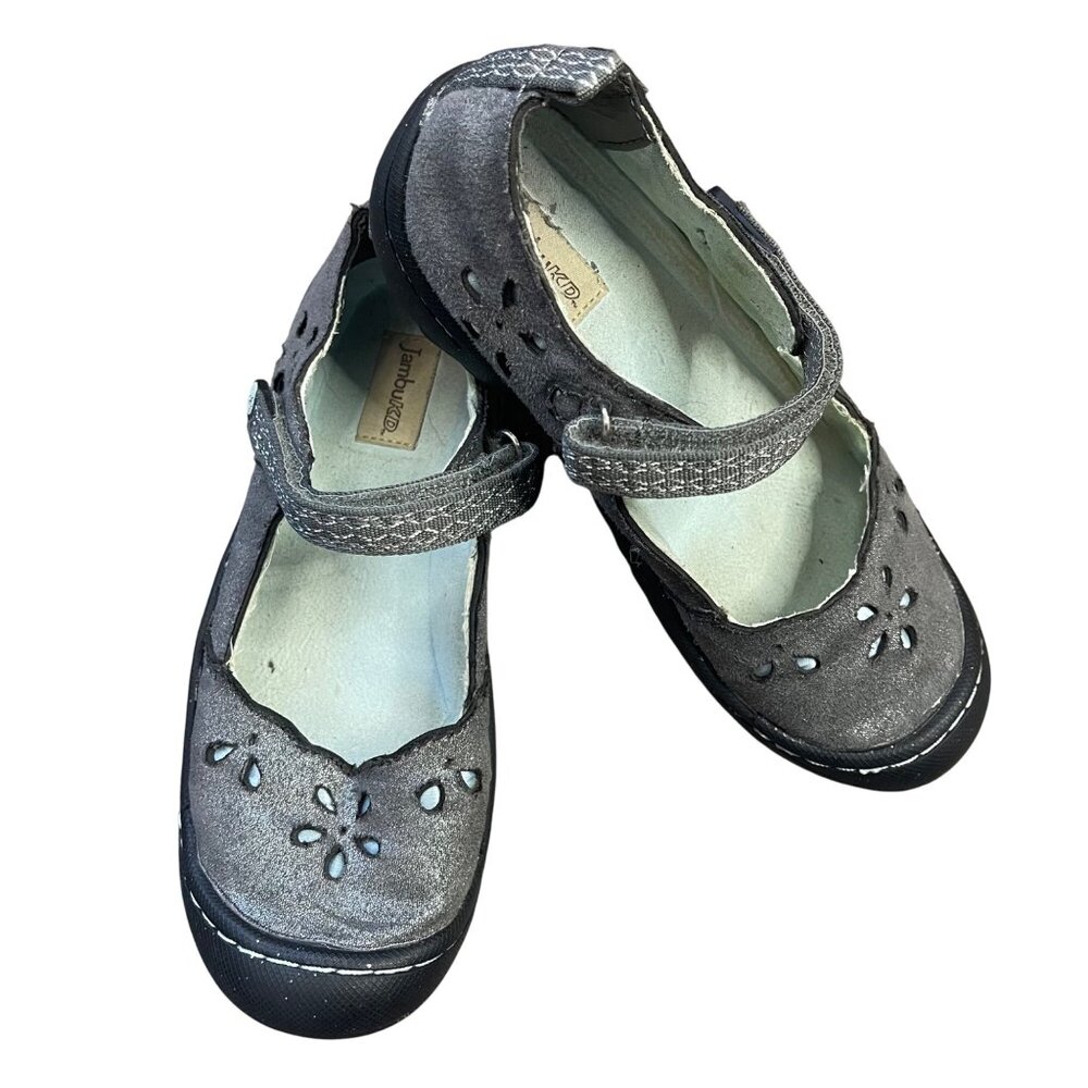 Jambu Greenwich Mary Jane Shoes Girls‎ Size 1M Gray Vegan Leather Cut Out Floral